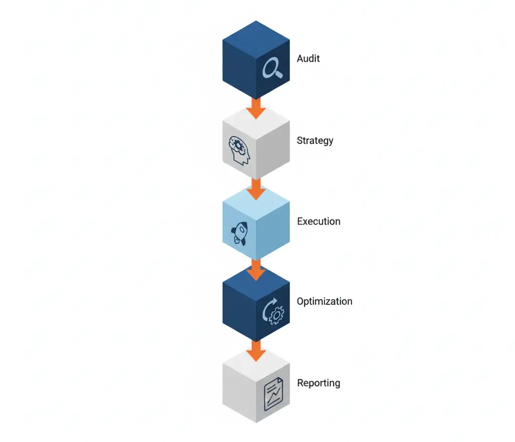 Visual workflow audit → strategy → execution → optimization → reporting.