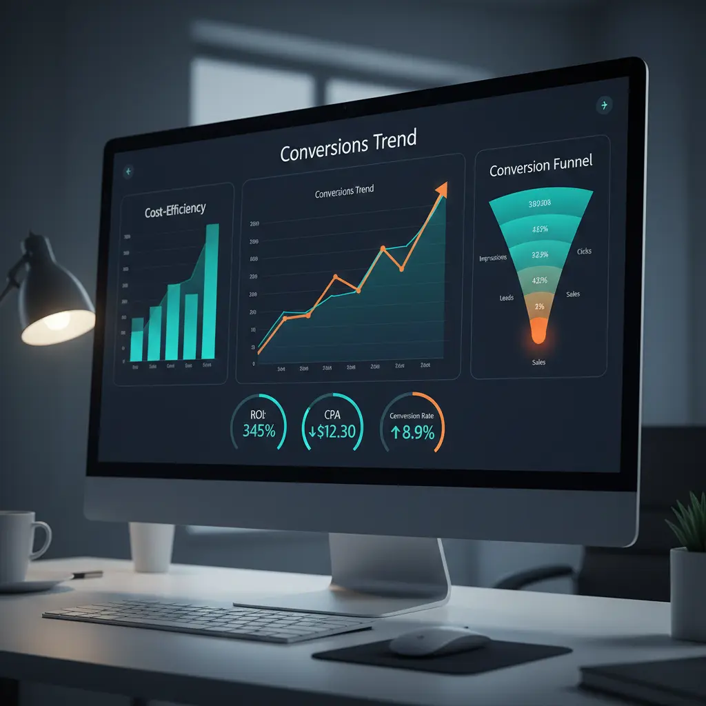 Performance dashboard mockup showing improved ad efficiency and conversions.