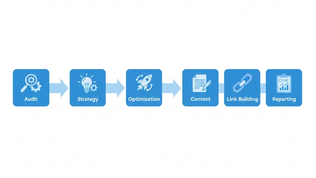 Structured SEO process including audit, keyword research, on-page optimization, technical SEO, and performance tracking