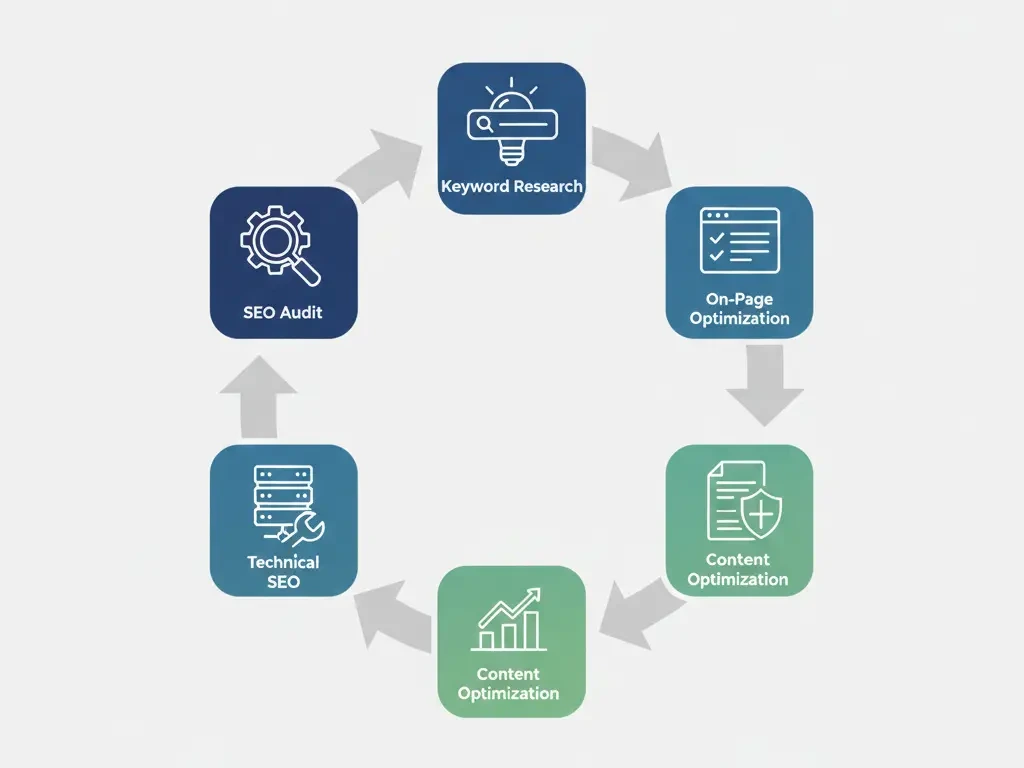 Structured SEO growth system illustrating audit, optimization, content, and authority building stages