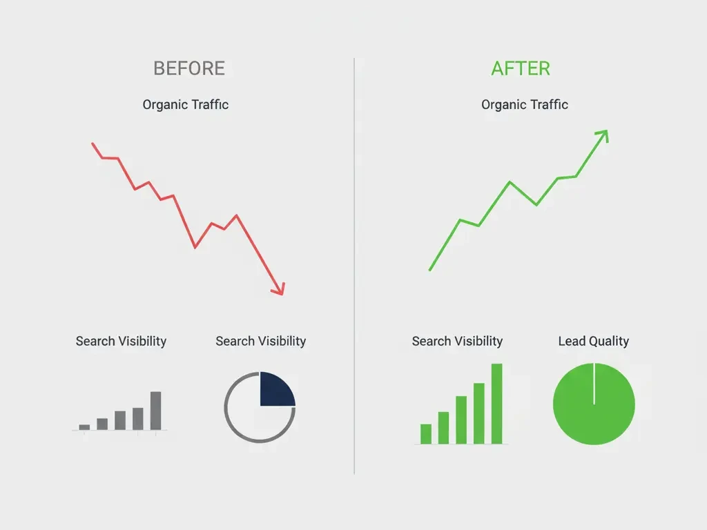 Before and after SEO performance comparison showing organic traffic and search visibility growth