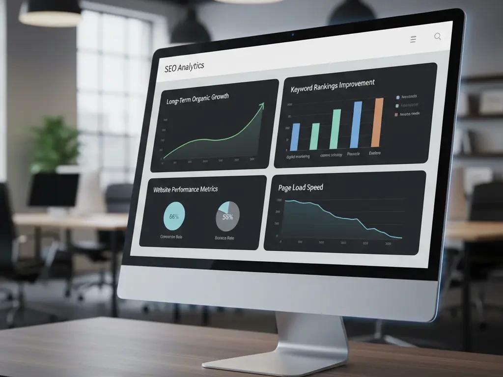 SEO long-term growth analytics dashboard showing organic traffic and keyword performance improvements