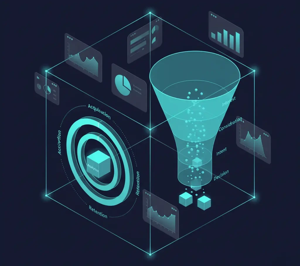 multi-stage B2B and SaaS funnel with retention loops and analytics overlays